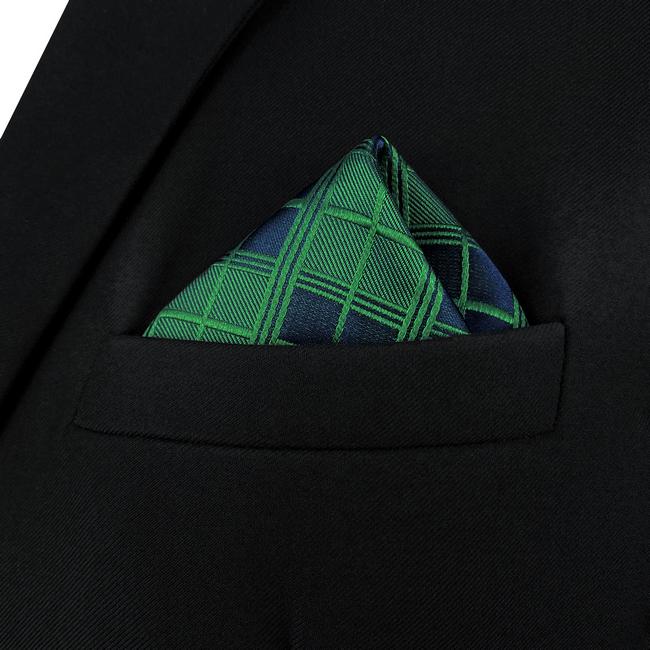 Shlax & Wing AH92 Checked Green Mens Pocket Square Jacquard Woven Classic Groom Business