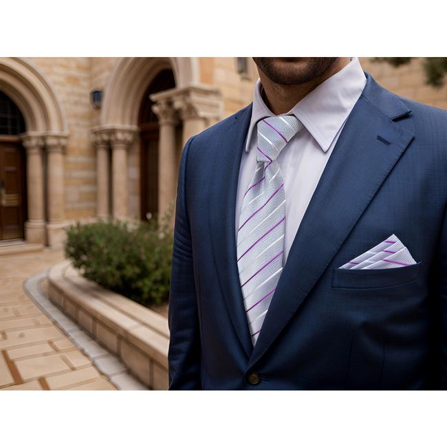 shlax & wing B37 Light Gray Striped Mens Neckties Pocket Square Set Classic Dress Party Fashion Extra Long Size Wedding