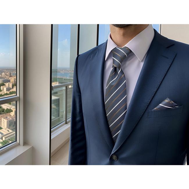 shlax & wing B43 Dark Grey Striped Mens Necktie Set Business Pocket Square Extra Long Size Classic