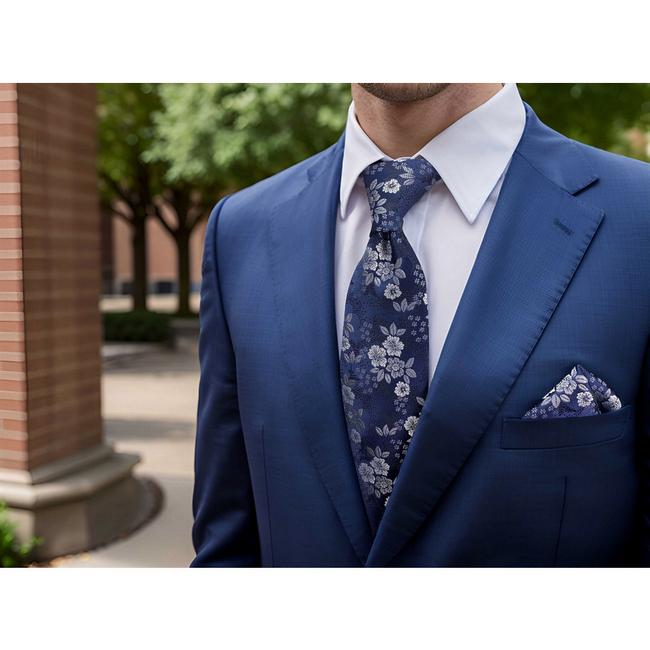 shlax & wing B45 Navy Blue Floral Men’s Accessories Necktie Set Fashion Pocket Square Extra Long Size