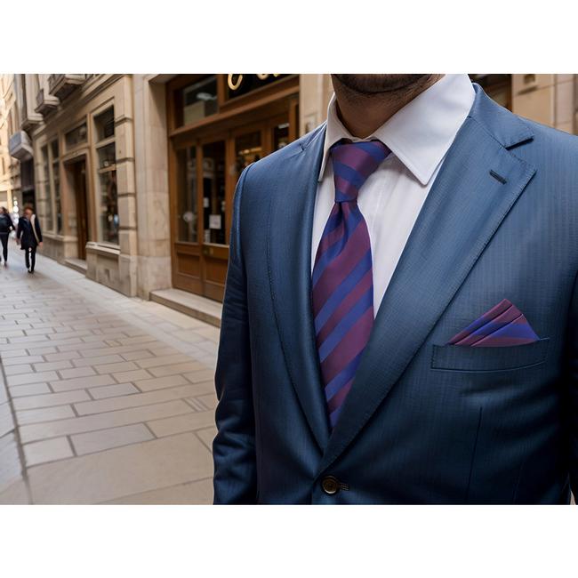 shlax & wing B49 Grape Purple Navy Blue Striped Mens Neckties Pocket Square Set Fashion Party 63″ Classic Skinny Necktie