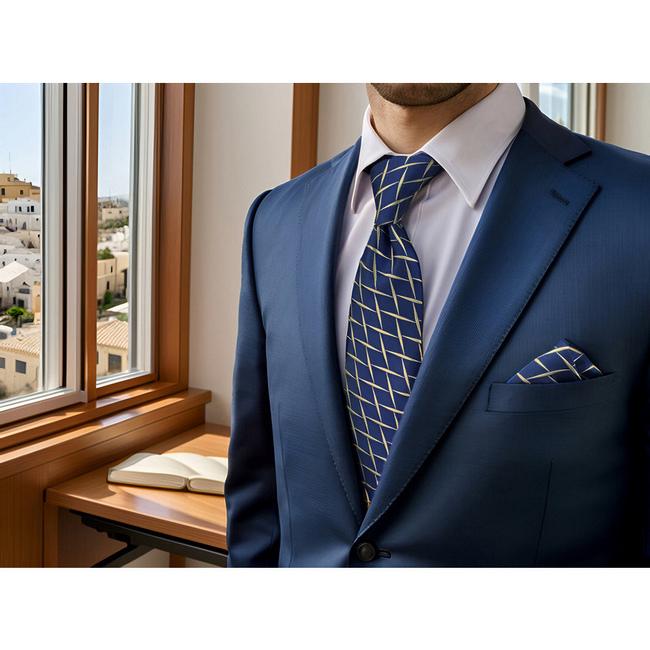 shlax & wing B51 Navy Blue Geometric Mens Neckties Pocket Square Set Fashion Party 63″ Classic Skinny Necktie