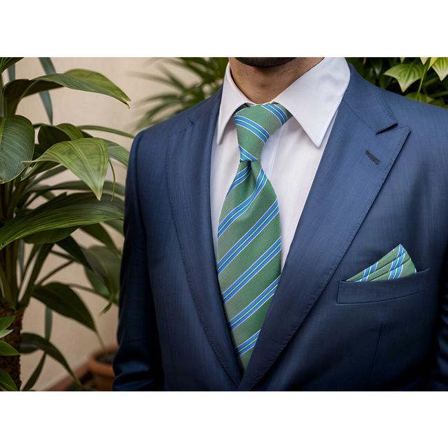 shlax & wing B57 Green Striped Mens Necktie Set Business Pocket Square Extra Long Size Classic Wedding