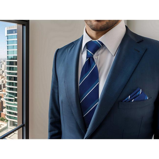 shlax & wing B59 Blue Striped Mens Neckties Pocket Square Set Fashion Party 63″ Classic Skinny Necktie Business