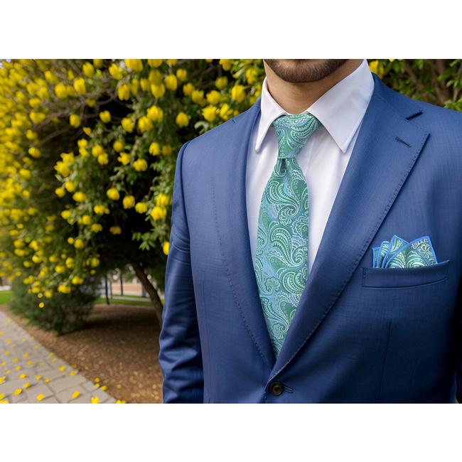 shlax & wing B61 Aqua Geometric Mens Neckties Pocket Square Set Classic Fashion Wedding Extra Long Size