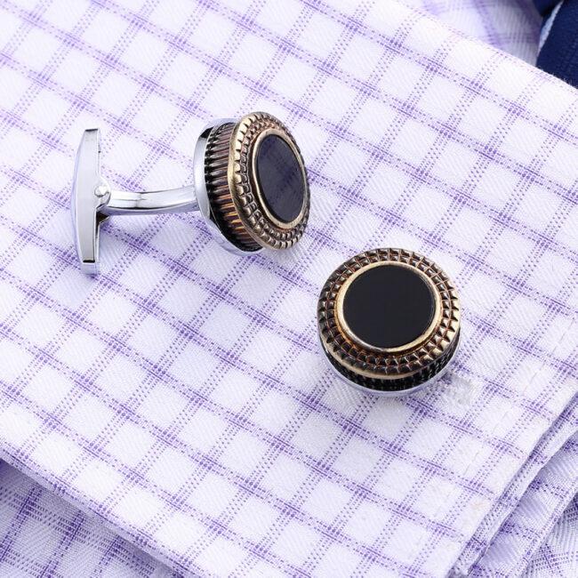 Shlax & Wing Circular Mens Cufflinks Stainless Steel Enamel Black Elegant Style Mens Cuffs 99