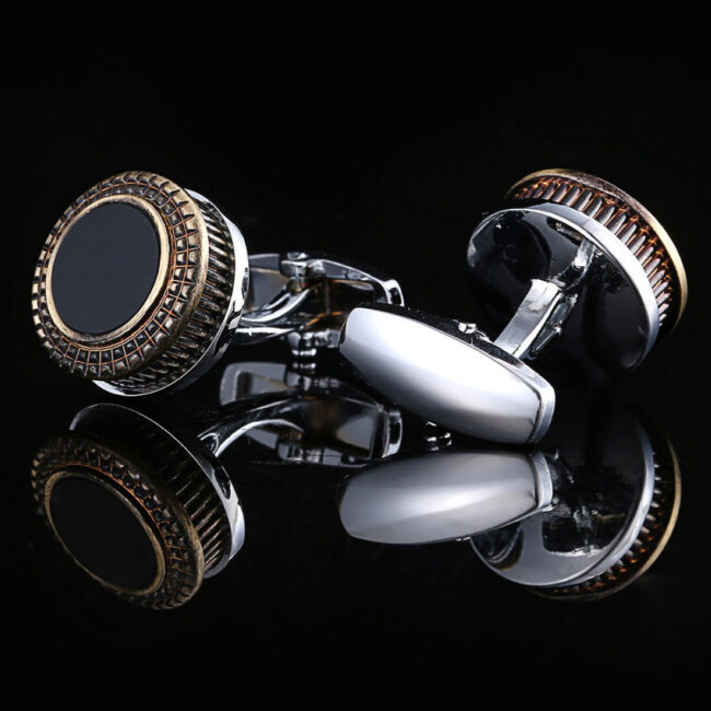 Shlax & Wing Circular Mens Cufflinks Stainless Steel Enamel Black Elegant Style Mens Cuffs 99