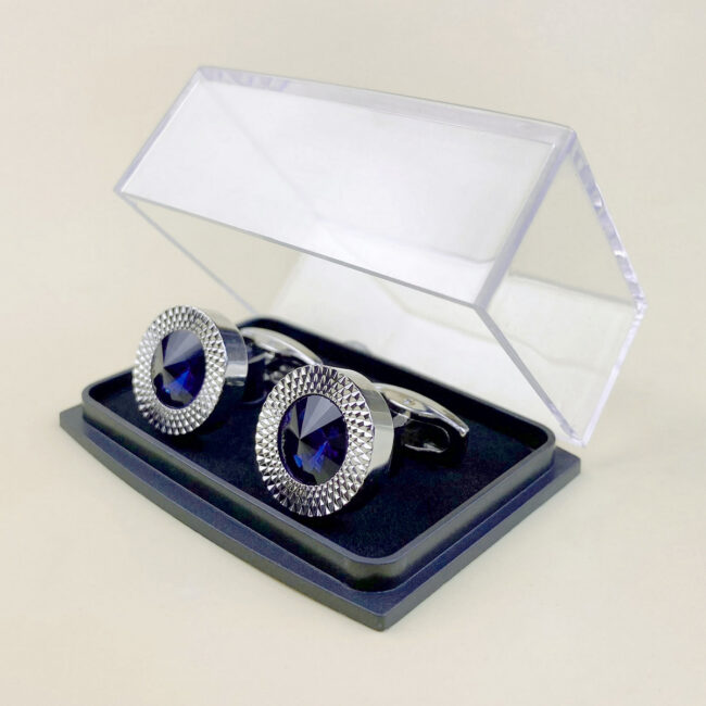 Shlax & Wing Cufflinks For Men Blue Crystal Shiny Men’s Cuff Links Silver Circular 95