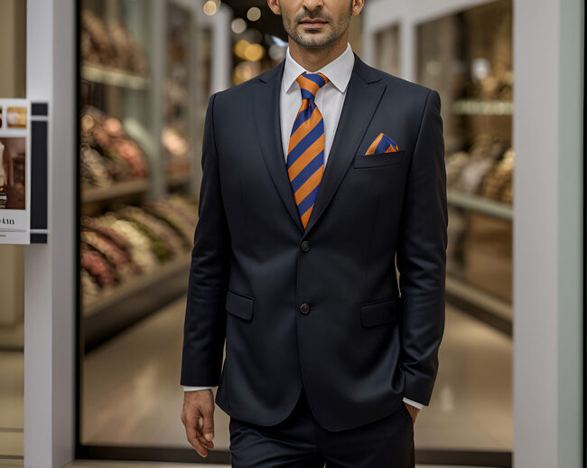 Shlax & Wing E27 Navy Orange Striped Silk Mens Necktie Wedding Dress Ties For Male Brand New Classic Bow Tie Pocket Square Set Extra Long Size