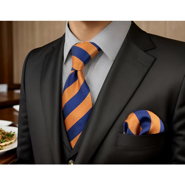 shlax & wing E27 Navy Orange Striped Silk Mens Necktie Wedding Dress Ties for male Brand New Classic Bow Tie Pocket Square Set Extra long size