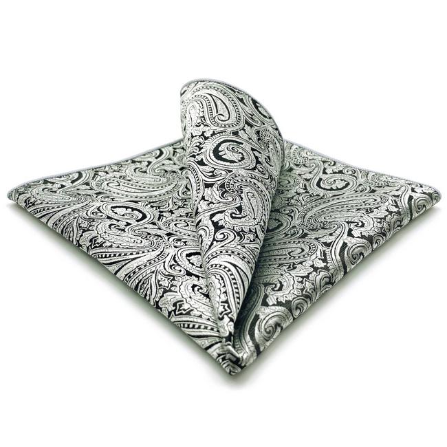 shlax & wing EH23 Silver Grey Paisley Silk Mens Pocket Square Fashion Wedding Handkerchief Classic Dress Hanky