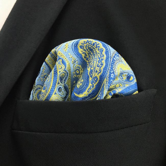 Shlax & Wing EH8 Azure Yellow Paisley Silk Mens Pocket Square Wedding Classic Handkerchief Classic Novelty Hanky