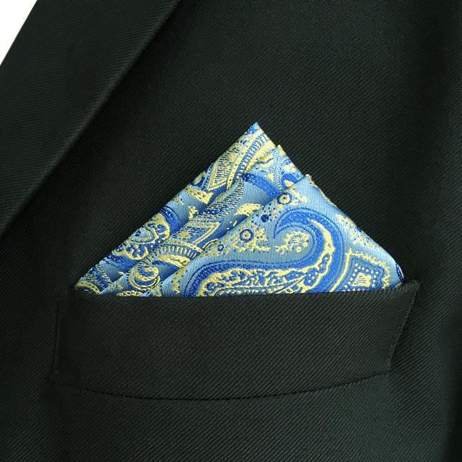 Shlax & Wing EH8 Azure Yellow Paisley Silk Mens Pocket Square Wedding Classic Handkerchief Classic Novelty Hanky