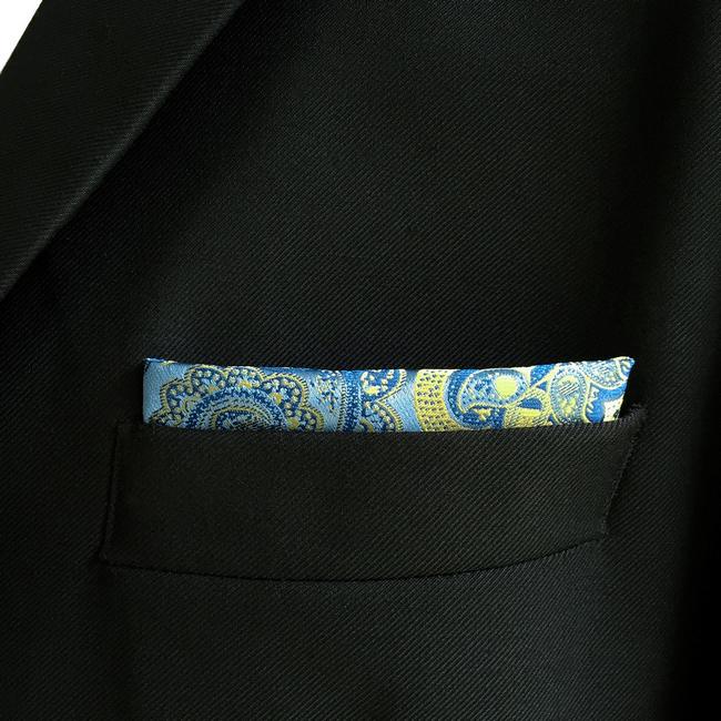 Shlax & Wing EH8 Azure Yellow Paisley Silk Mens Pocket Square Wedding Classic Handkerchief Classic Novelty Hanky