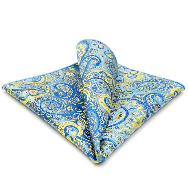 shlax & wing EH8 Azure Yellow Paisley Silk Mens Pocket Square Wedding Classic Handkerchief Classic Novelty Hanky