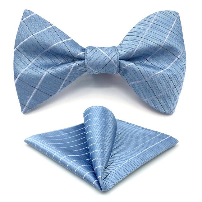 shlax & wing F3 Light Blue Checkes Men’s Bow Tie Hanky Set Business Silk Gift