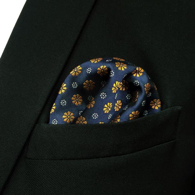 Shlax & Wing FH18 Blue Gold Floral Mens Pocket Square Classic Fashion Handkerchief Acceossories Wedding