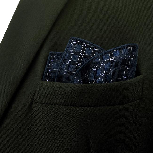Shlax & Wing FH22 Navy Blue Checkes Silk Mens Pocket Square Wedding Fashion Handkerchief Novelty Dress Hanky