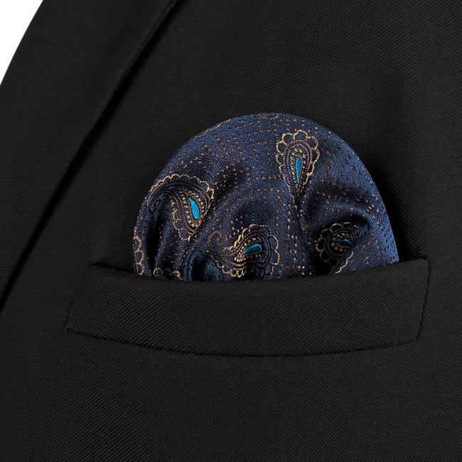 Shlax & Wing HH10 Navy Blue Paisley Silk Mens Pocket Square Fashion Classic Handkerchief Groom Dress Hanky