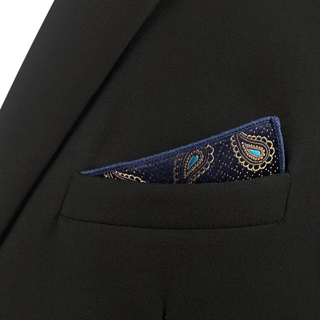 Shlax & Wing HH10 Navy Blue Paisley Silk Mens Pocket Square Fashion Classic Handkerchief Groom Dress Hanky
