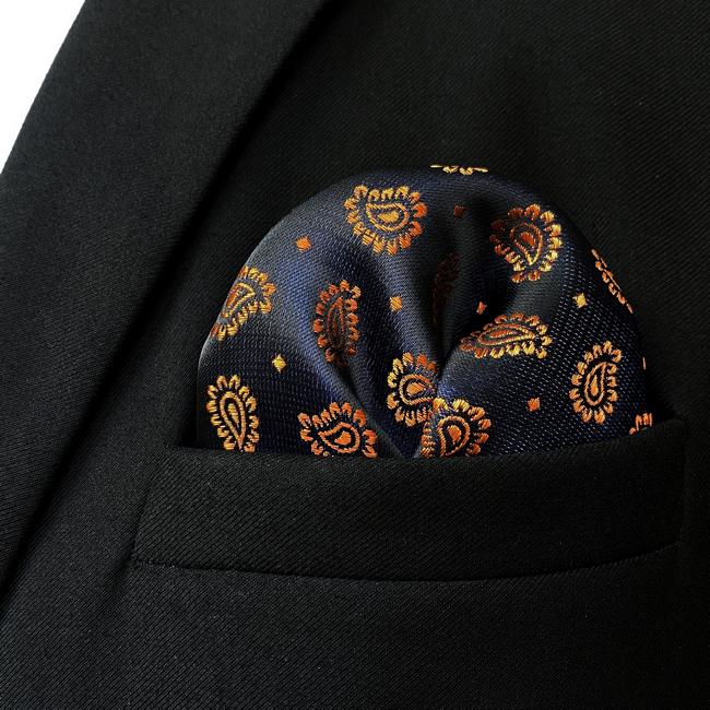 Shlax & Wing JH12 Navy Blue Gold Paisley Mens Pocket Square Fashion Party Handkerchief For Suit Jacket Jacquard Hanky