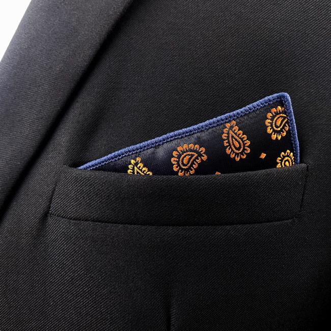 Shlax & Wing JH12 Navy Blue Gold Paisley Mens Pocket Square Fashion Party Handkerchief For Suit Jacket Jacquard Hanky