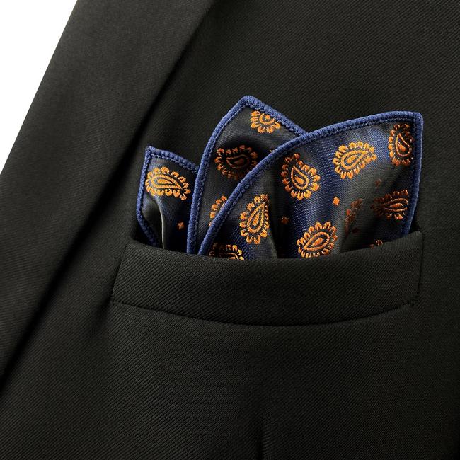 Shlax & Wing JH12 Navy Blue Gold Paisley Mens Pocket Square Fashion Party Handkerchief For Suit Jacket Jacquard Hanky