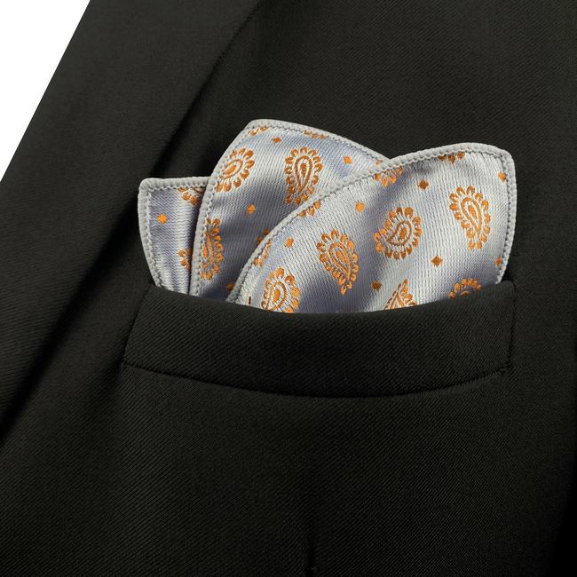 Shlax & Wing JH26 Light Gray Orange Paisley Mens Pocket Square Classic Business Handkerchief Fashion Wedding Hanky