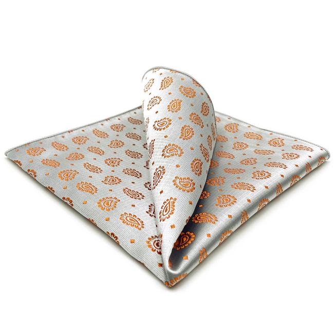shlax & wing JH26 Light Gray Orange Paisley Mens Pocket Square Classic Business Handkerchief Fashion Wedding Hanky