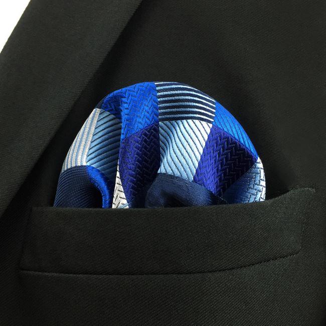 Shlax & Wing KH2 Navy Black White Light Blue Checked Pocket Square Mens Neckties Jacquard Woven Hanky
