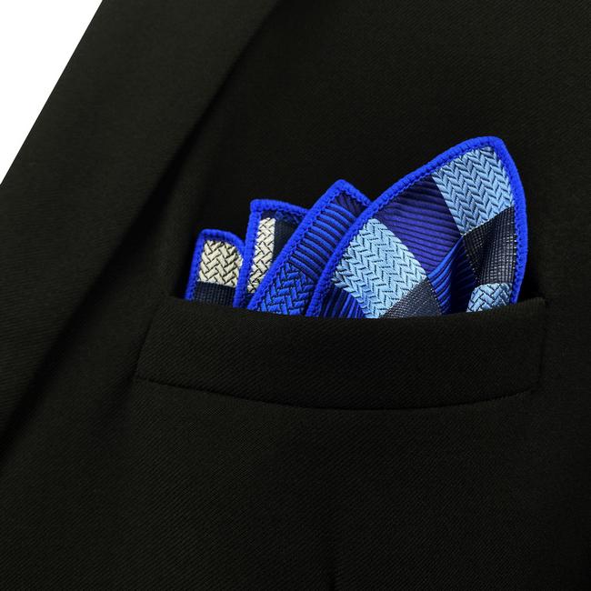 Shlax & Wing KH2 Navy Black White Light Blue Checked Pocket Square Mens Neckties Jacquard Woven Hanky