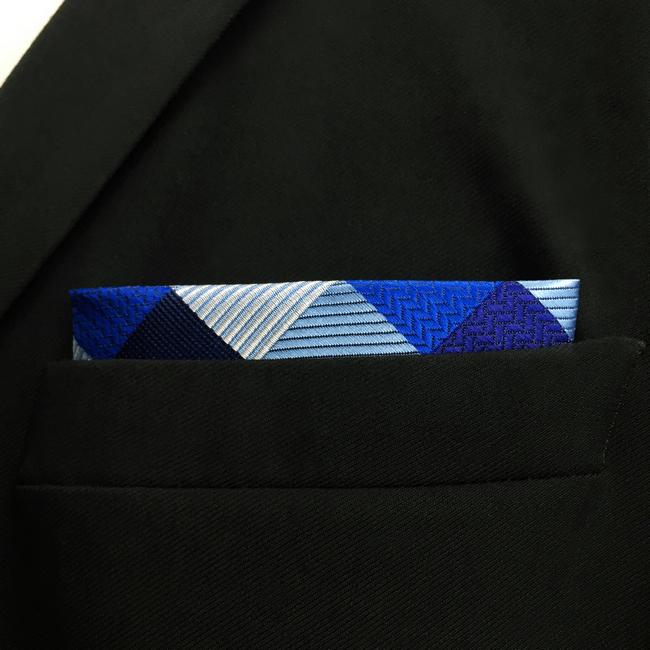 Shlax & Wing KH2 Navy Black White Light Blue Checked Pocket Square Mens Neckties Jacquard Woven Hanky
