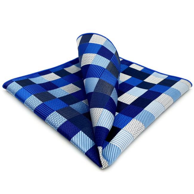 shlax & wing KH2 Navy Black White Light Blue Checked Pocket Square Mens Neckties Jacquard Woven Hanky