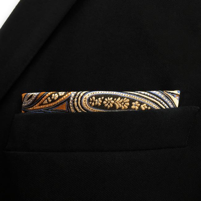 Shlax & Wing KH6 Paisley Wedding Gold Gray Pocket Square Mens Neckties Jacquard Woven Hanky