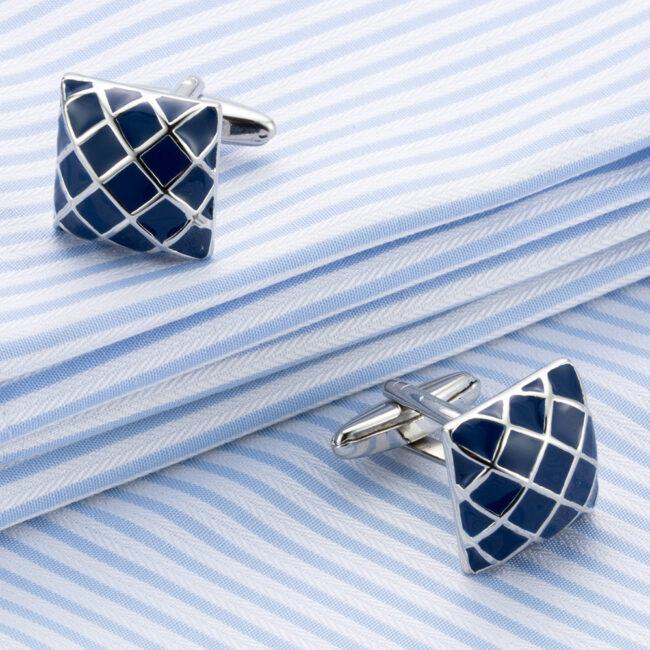 Shlax & Wing Mens Cufflinks Stainless Steel Blue Checkes Pattern Enamel Elegant Style Mens Cuffs 89