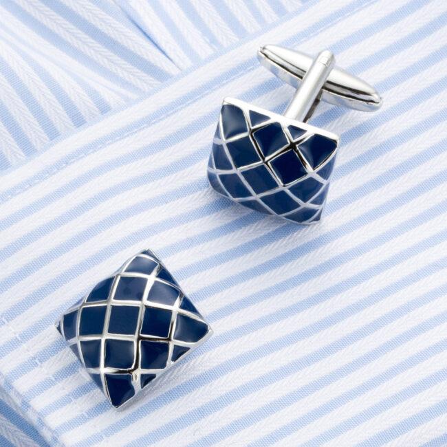 Shlax & Wing Mens Cufflinks Stainless Steel Blue Checkes Pattern Enamel Elegant Style Mens Cuffs 89