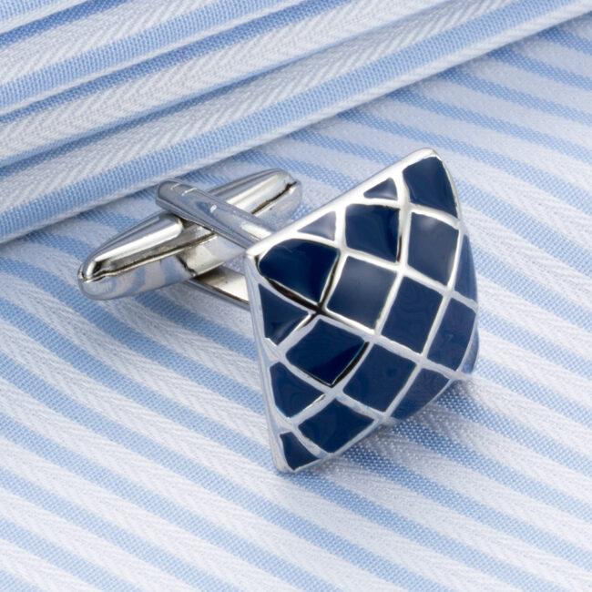 Shlax & Wing Mens Cufflinks Stainless Steel Blue Checkes Pattern Enamel Elegant Style Mens Cuffs 89