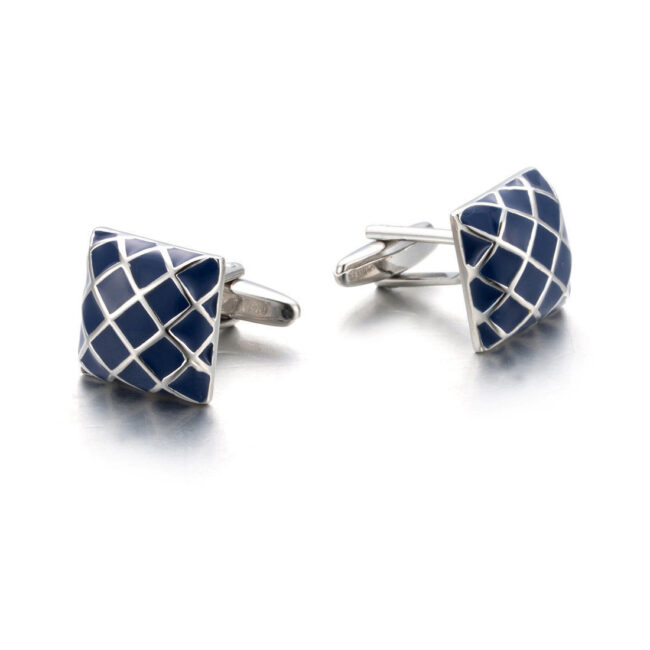 shlax & wing Mens Cufflinks Stainless steel Blue Checkes Pattern Enamel Elegant Style Mens Cuffs 89