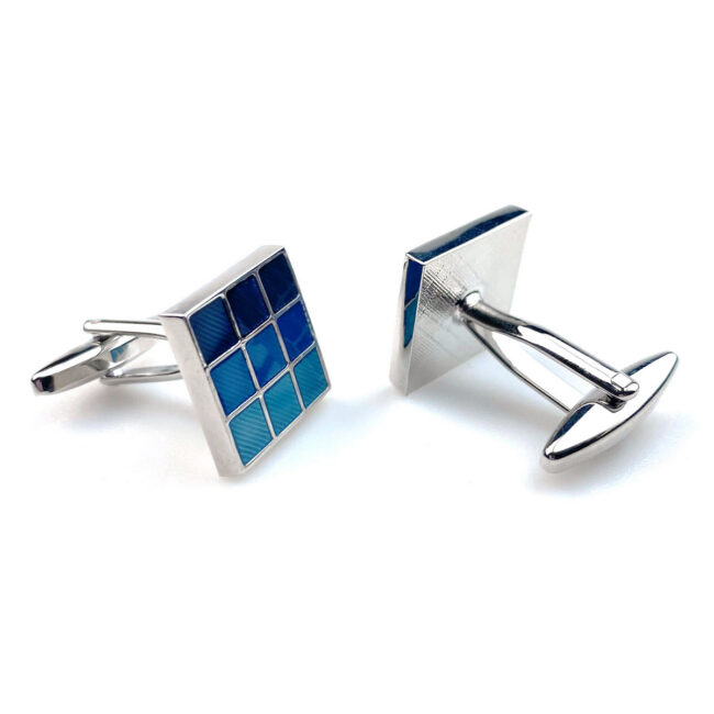 Shlax & Wing Mens Cufflinks Stainless Steel Blue Geometric Pattern Enamel Elegant Style Mens Cuffs 93