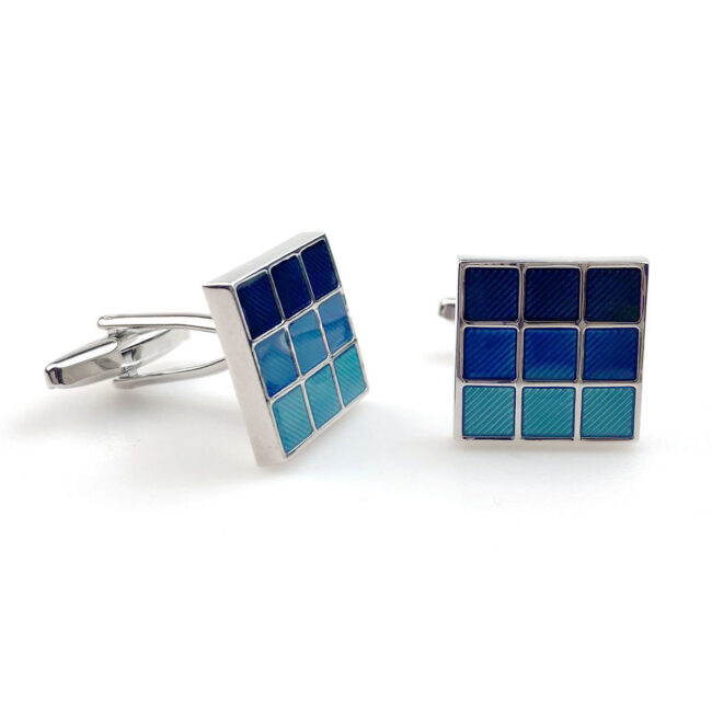 Shlax & Wing Mens Cufflinks Stainless Steel Blue Geometric Pattern Enamel Elegant Style Mens Cuffs 93