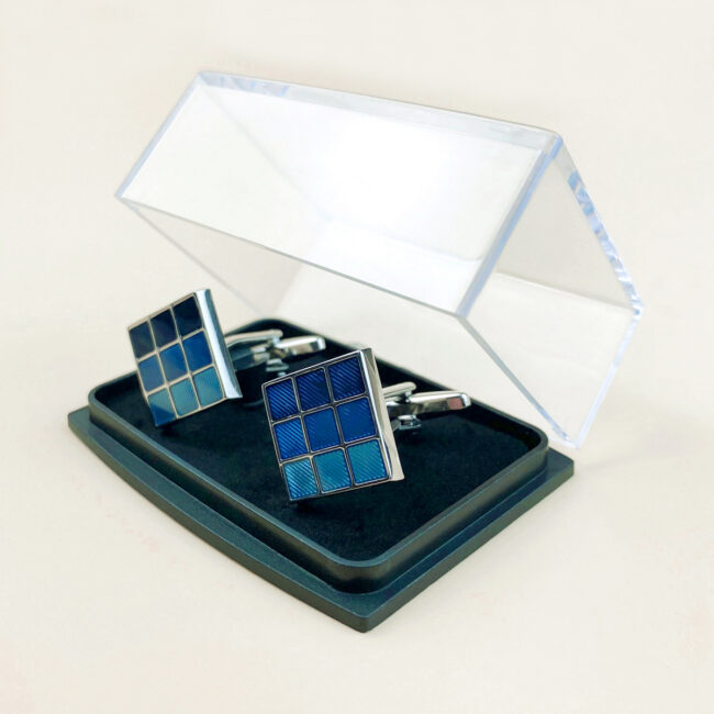 Shlax & Wing Mens Cufflinks Stainless Steel Blue Geometric Pattern Enamel Elegant Style Mens Cuffs 93