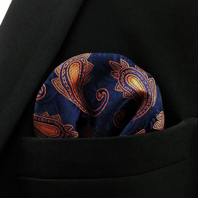 Shlax & Wing MH25 Paisley Navy Blue Orang Apricot Pocket Square Mens Neckties Jacquard Woven