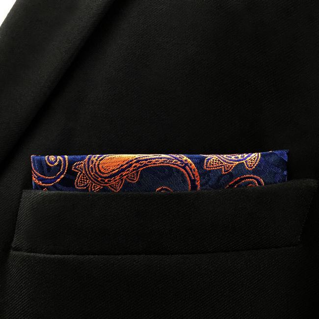Shlax & Wing MH25 Paisley Navy Blue Orang Apricot Pocket Square Mens Neckties Jacquard Woven