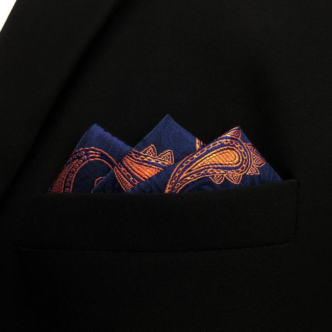Shlax & Wing MH25 Paisley Navy Blue Orang Apricot Pocket Square Mens Neckties Jacquard Woven