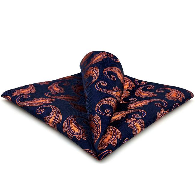 shlax & wing MH25 Paisley Navy Blue Orang Apricot Pocket Square Mens Neckties Jacquard Woven