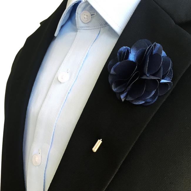 Shlax & Wing Navy Silk Cotton Blend Lapel Flowers Boutonniere Stick Pin Men’s Accessories Handmade Necktie