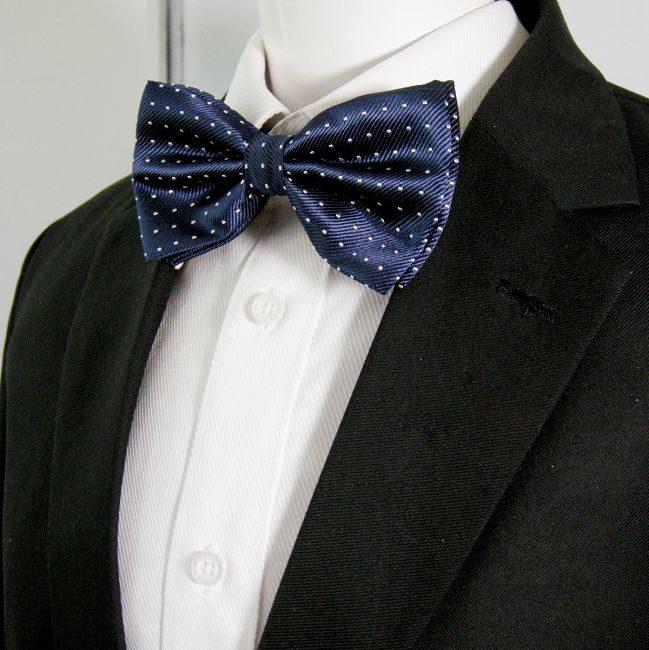 Shlax & Wing Navy White Dots Mens Pre-tied Ajustable SilkBlend Wedding Dress SilkBlend Bow Tie