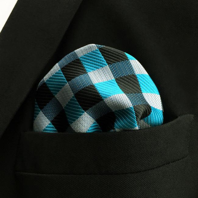 Shlax & Wing PH13 Checked Light Blue Black Grey Gray White Pocket Square Mens Neckties Jacquard Woven