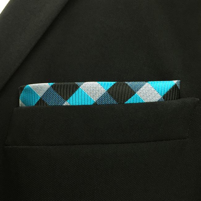 Shlax & Wing PH13 Checked Light Blue Black Grey Gray White Pocket Square Mens Neckties Jacquard Woven