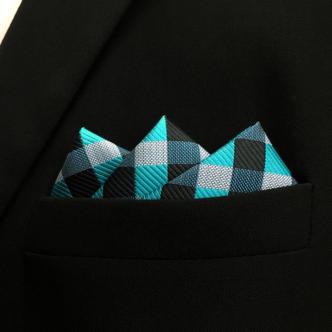 Shlax & Wing PH13 Checked Light Blue Black Grey Gray White Pocket Square Mens Neckties Jacquard Woven